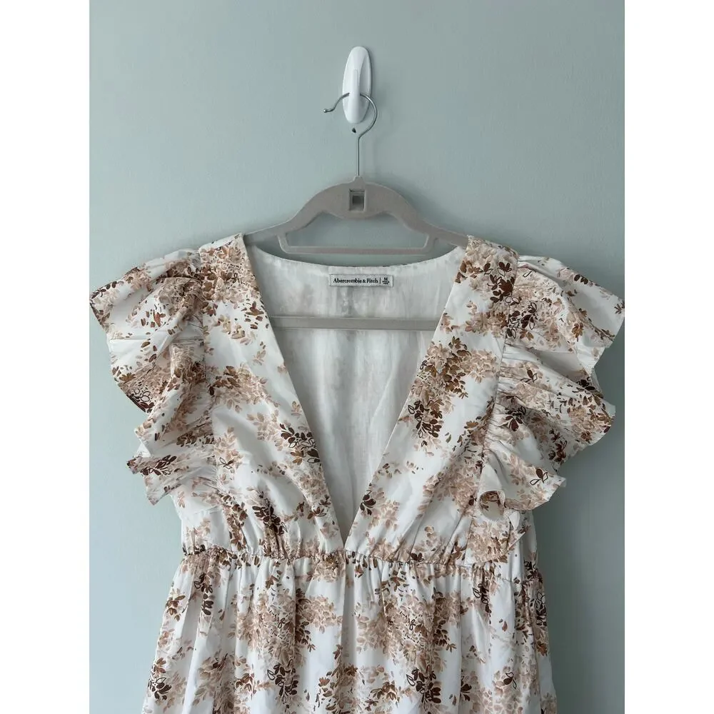 Abercrombie & Fitch White and Brown Floral Cap Sleeve Maxi Dress Medium